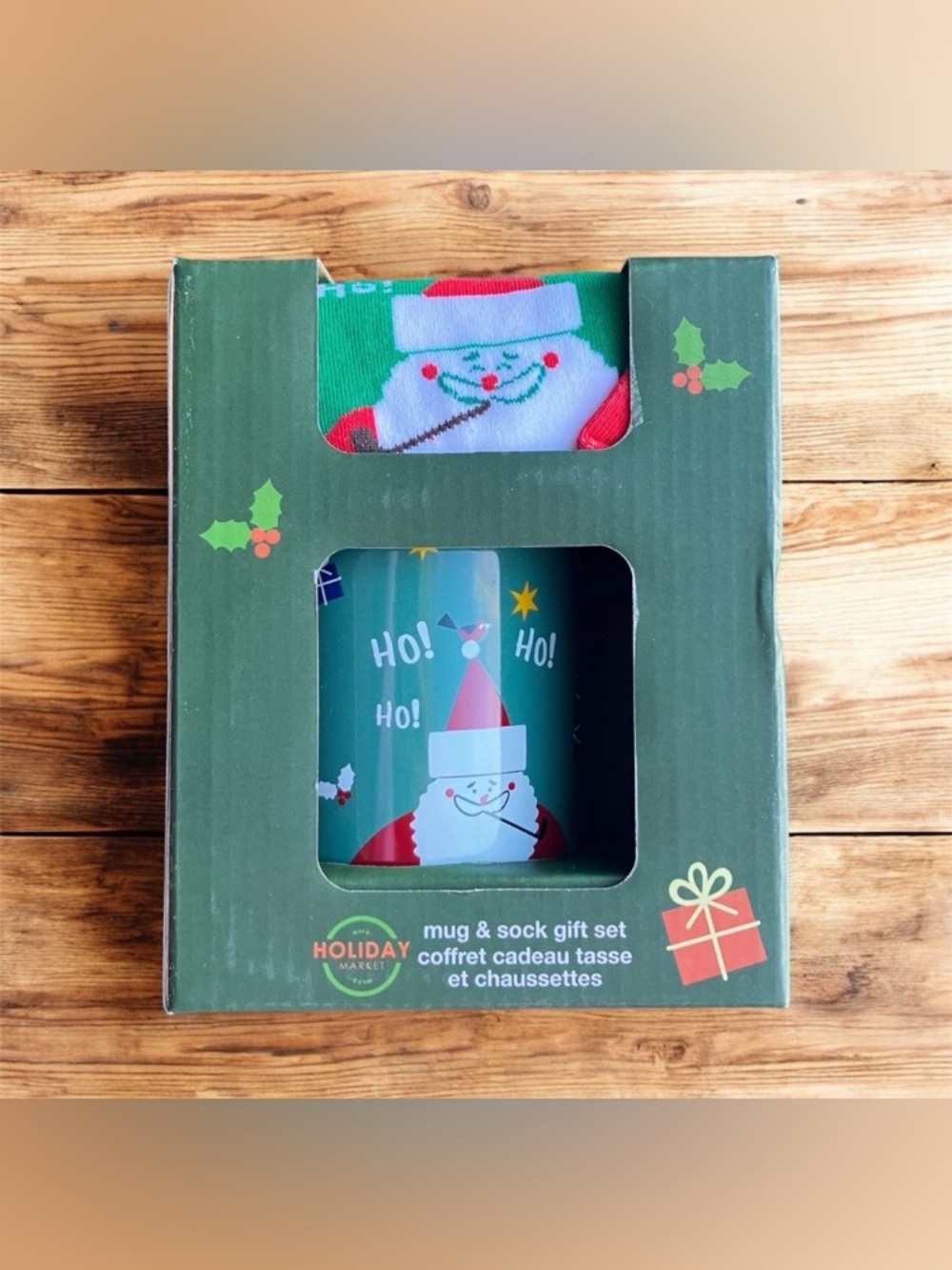 NEW Holiday Market Santa Ceramic Mug & Sock Gift Set Christmas Ho Ho Ho Boxed